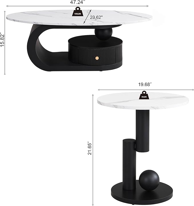 Marble Nesting Coffee Table Set of 2,Modern Oval Center Tea Table and Round Side Nightstand Set w/Drawer andFaux Marble Top and Metal Frame for Living Room Accent Furniture (Black White)