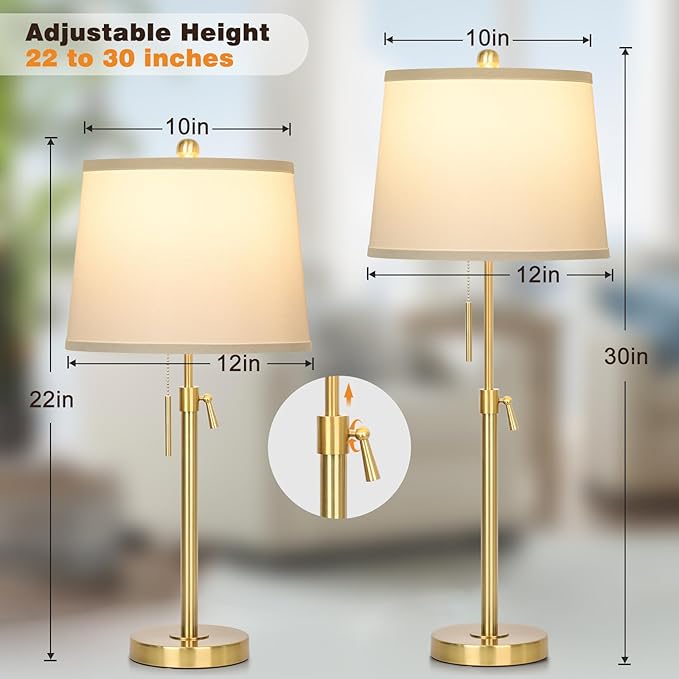 Gold Table Lamps Set of 2, Adjustable Height Tall Lamp with White Shade 3 Color Temperature Pull Chain Modern Brass Lamp for Living Room Bedroom Bedside End Table Nightstand (9W LED Bulbs Included)