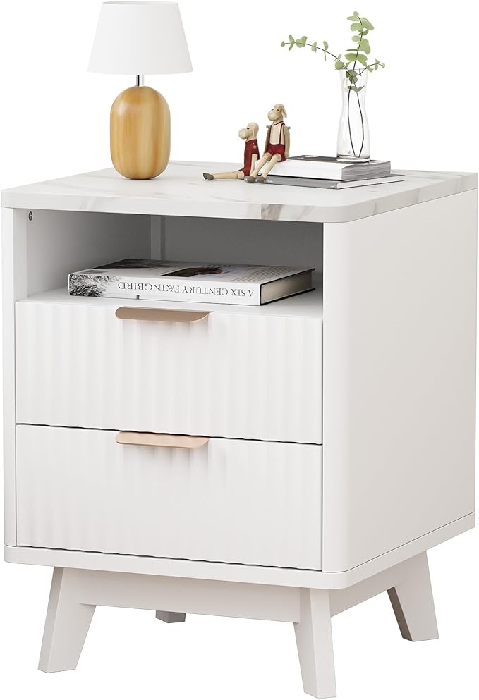 Fluted White Nightstand with 2 Drawers, 18" Modern Bed Night Stand with Faux Marble Top, Open Storage Shelf, Curved Edge Bedside Table for Bedroom, Living Room End Side Table