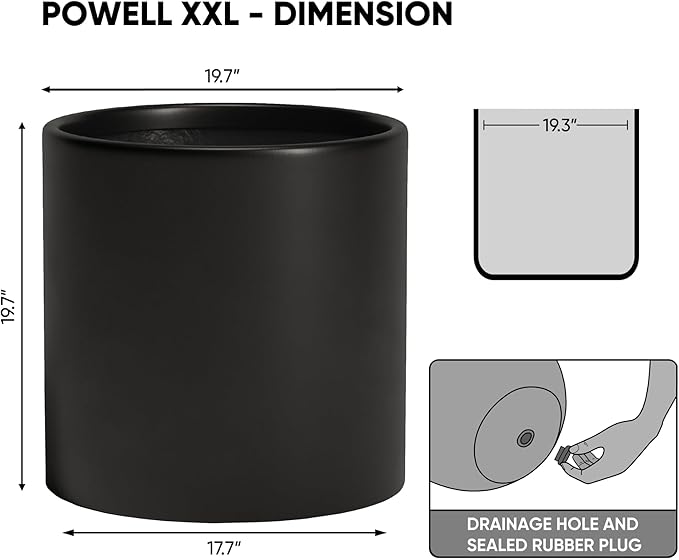 DTY Signature Mount Powell Fiberstone Planter - 20 Inch Jumbo Black Cylindrical Mid-Century Modern Home Decor Indoor & Outdoor Plant Pot - Durable Planters for Indoor Plants, Outdoor Spaces