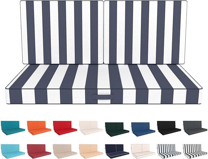 Outdoor Loveseat Cushion Set 46 x 26 Inch, Waterproof & Fade-Resistant Deep Seat Patio Cushions with Removable Cover, Ties & Hidden Zipper,Patio Love Seat Sofa Cushions for Sofa Bench Couch,BlueStripe