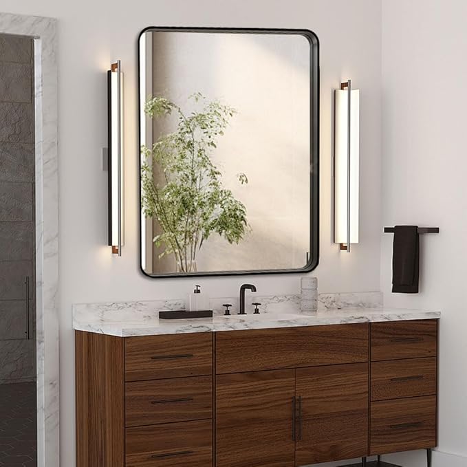 Black 24x32 Inch Metal Framed Mirror for Wall, Large Rounded Rectangle Mirror, Anti-Rust, Tempered Glass, Hangs Horizontally or Vertically