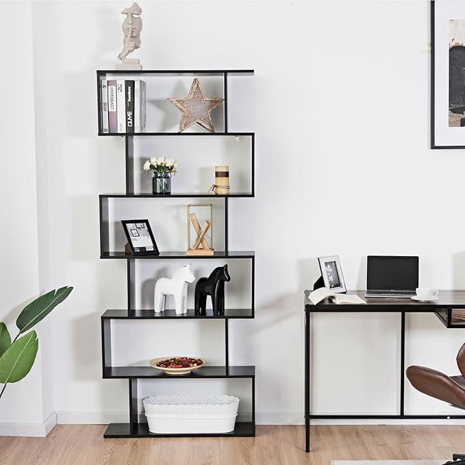 Tangkula 6-Tier Geometric Bookcase, Modern S-Shaped Storage Display Bookshelf for Living Room, Anti-Toppling Device, Home Office Wooden 6 Shelf Open Bookcase (2, Black)