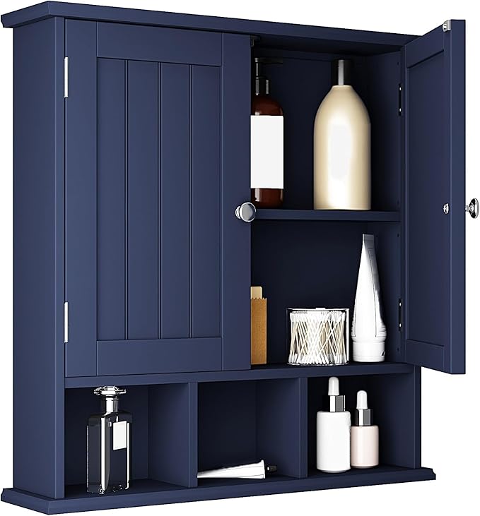 ChooChoo Bathroom Cabinet Wall Mounted 2-Door with 3 Open Shelves， Wooden Medicine Cabinets with Adjustable Shelf，Space Saver Storage Cabinets Over The Toilet for Bathroom&Living Room,Blue
