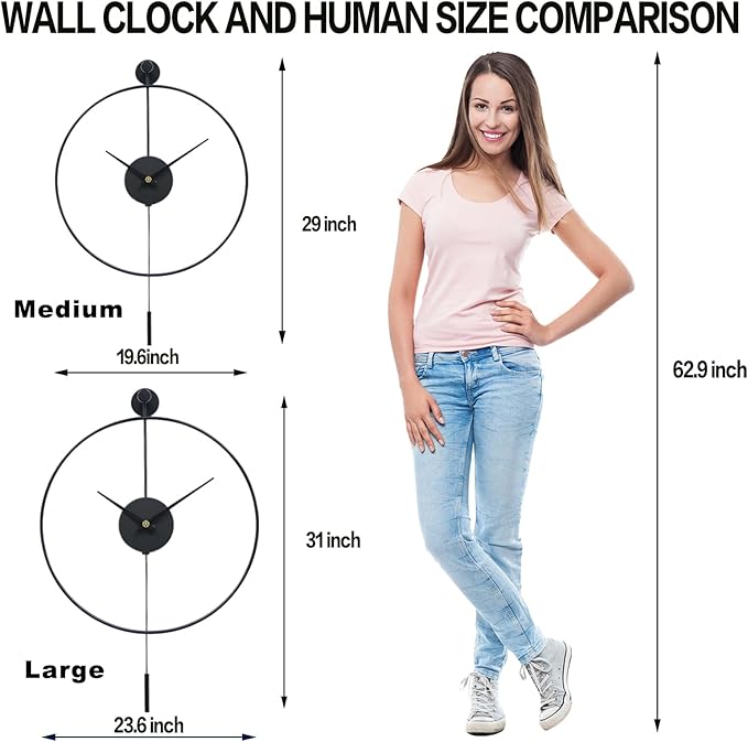 YISITEONE Classical Large Decorative Wall Clock with Pendulum, Modern Non-Ticking Silent Metal Wall Clocks for Living Room, Bedroom, Study, Office, 23.6" (Black)