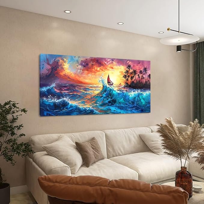 Sailboat Coconut Grove and Blue Waves Under the Sunset Oil Painting Style Wall Art Decor Artwork for Bedroom (30x60 Inches)