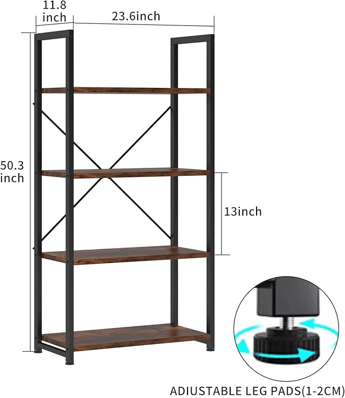VERMESS 4 Tier Bookshelf, Tall Book Shelf, Vintage Industrial Bookcase with Open Display Shelves, Wood Storage Shelving Unit Metal Frame Standing Bookshelves for Bedroom/Home/Office, Rustic Brown