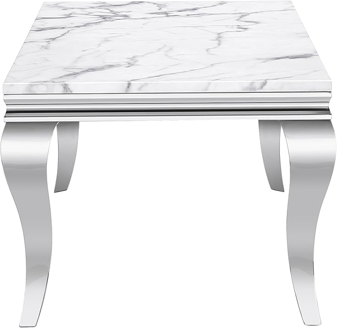 SSLine Rectangular Faux Marble Coffee Table for Living Room Modern Luxury White Marble Center Table with Silver Curved Legs 46.8" Mid-Century Cocktail Table with Mirrored Stainless Steel Frame