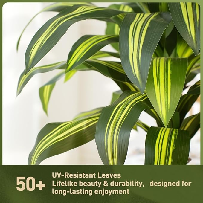 Artificial Dracaena Tree 5FT - UV Resistant Faux Tree with Large Taper Planter & Pebbles - Tall Fake Plants Indoor & Outdoor, Potted Floor Plant for Home Living Room Porch Decor, VN127