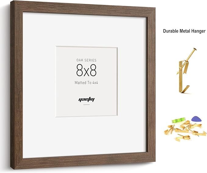 Yaetm Square 8x8 Picture Frame – Brown Walnut, Rustic Solid Wood Frame 8x8 with Tempered Real Glass, Display 4x4 Photo with Mat or 8 x 8 Art Print without Mat, Wall Mount (3 Pack, Walnut)