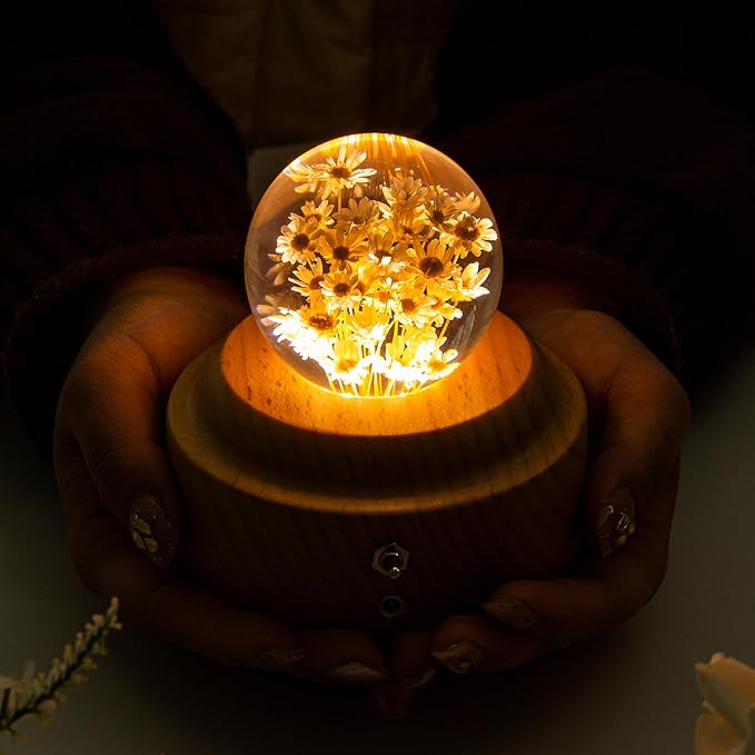 1 Pieces 6cm Diameter Yellow Glass Little Daisy Ball Night Light Music Box Wood You are My Sunshine Mechanism Flower Decor Romantic Birthday Valentine's Day for Girlfriend Her Women