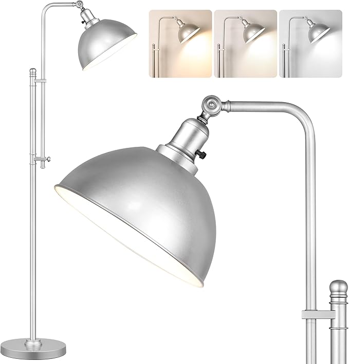 PARTPHONER Industrial Floor Lamp Adjustable, Farmhouse Reading Lamp in Silver Finish Modern Standing Lamp with Remote Control Metal Shade for Living Room Bedroom Study Room Office Hotel