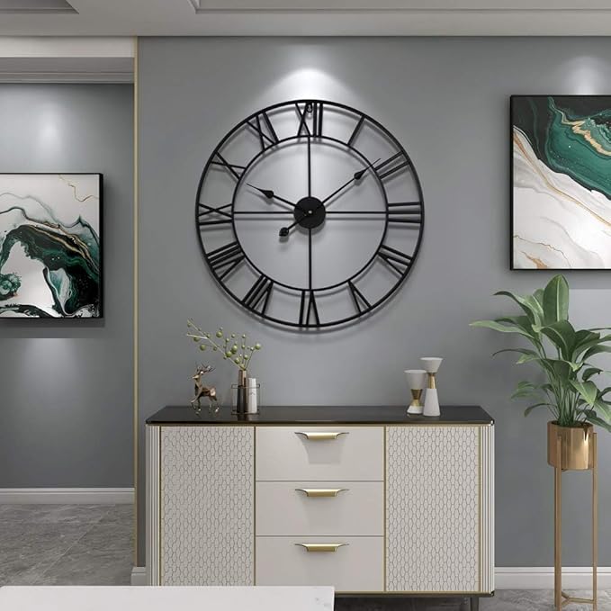 1st owned Large Wall Clock for Living Room Decor Silent Non-Ticking Decorative Wall Clock Roman Numerals Vintage Battery Operated (Black, 32 Inches)