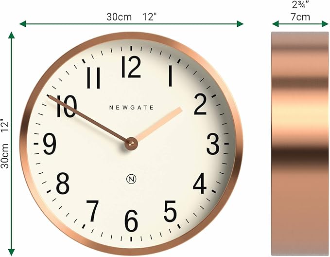 NEWGATE® Master Edwards Wall Clock | Mid Century Style Clock | 12 inch | Deep Metal case with Copper/Rose Gold Finish | Modern Retro Design for Kitchen, Living Room or Office