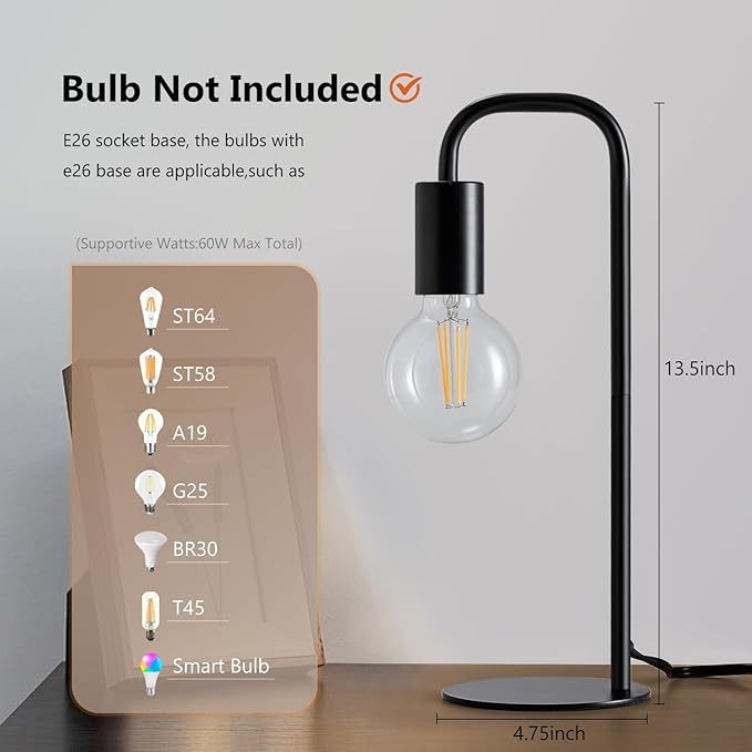 Industrial Table Lamp for Bedroom, Bed Side Table Lamps for Nightstand with Wire Switch, E26 Socket Base, Modern Nightstand Lamp for Living Room, Reading, Office, Bulb Not Included