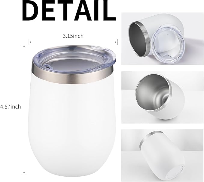 12oz/4 Pack Wine Tumbler Glasses with Lid Stemless Double Wall Vacuum Stainless Steel Travel Tumbler Keeping Cold & Hot for Wine,Coffee,Cocktails,Christmas Drinks-Family and Gifts(4 pack-White)