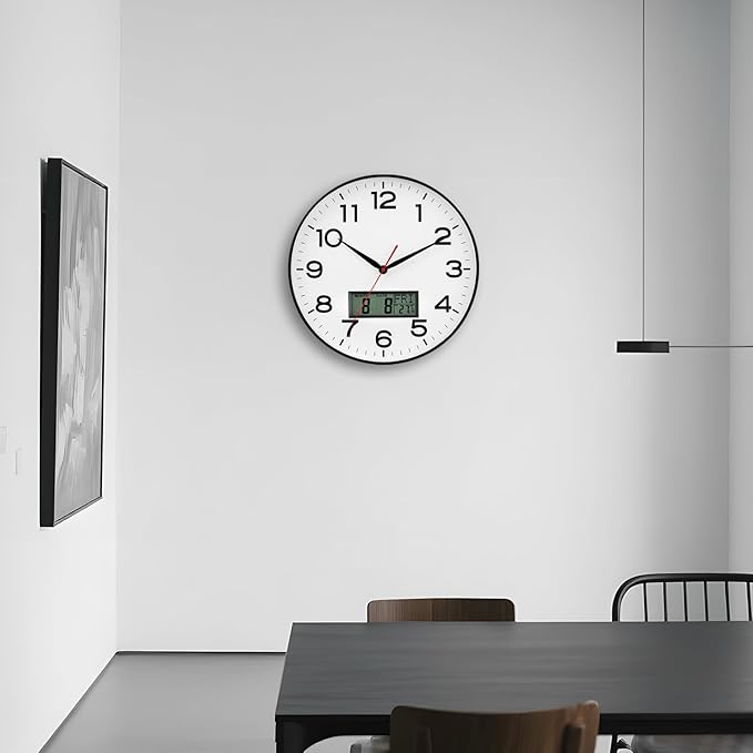 AKCISOT Wall Clock 12 Inch, Non-Ticking Silent Battery Operated Analog with LCD Display for Perpetual Calendar and Temperature, Ideal Modern Decor for Home, Bedroom, Kitchen, Office (Black)