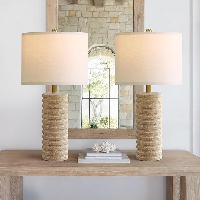 PoKat 27" Farmhouse Ceramic Table Lamps Set of 2 for Bedroom, Stone-Like Rustic Nightstands Lamps for Night Stands, Distressed Beige Bedside Lamps with Natural Textured for Living Room, Sand-Colored