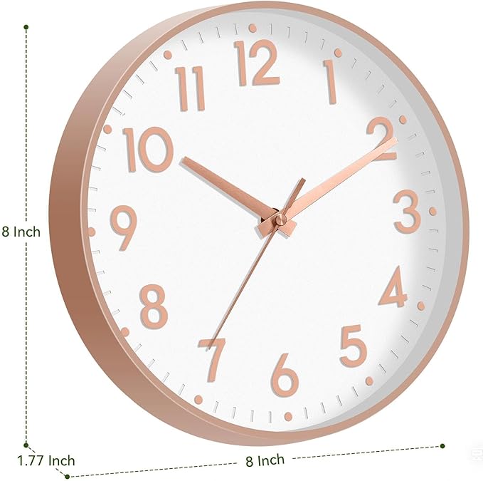 Mosewa Wall Clock 8 Inch, Battery Operated Silent Non-Ticking Modern Analog Clock Decorative for Kitchen, Bedroom, Office, Living Room(Rose Gold)
