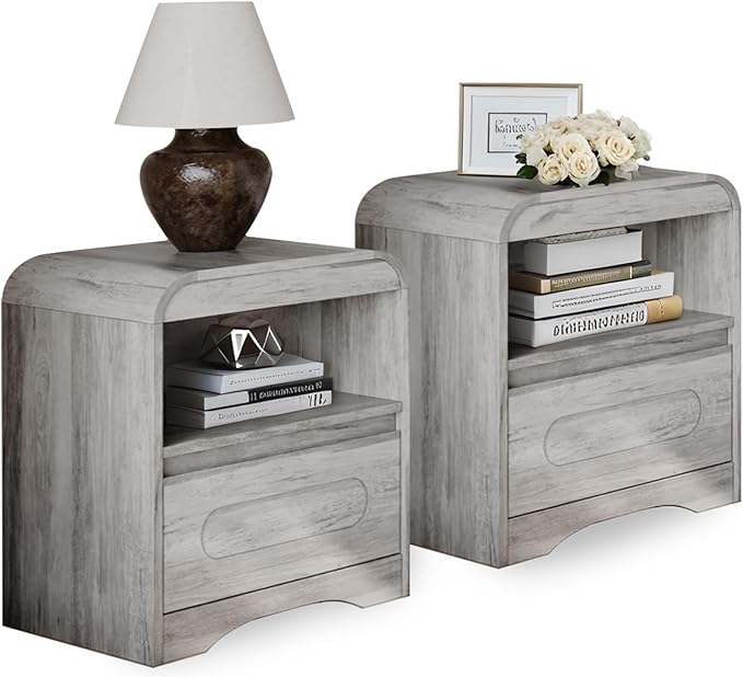 Grey Nightstand Set of 2, Nightstand with Drawers, 22" Modern Nightstands Bed Side Table Large Bedside Stand 18" Wide End Table for Bedroom Living Room Sofa Office,Curved Profile Design