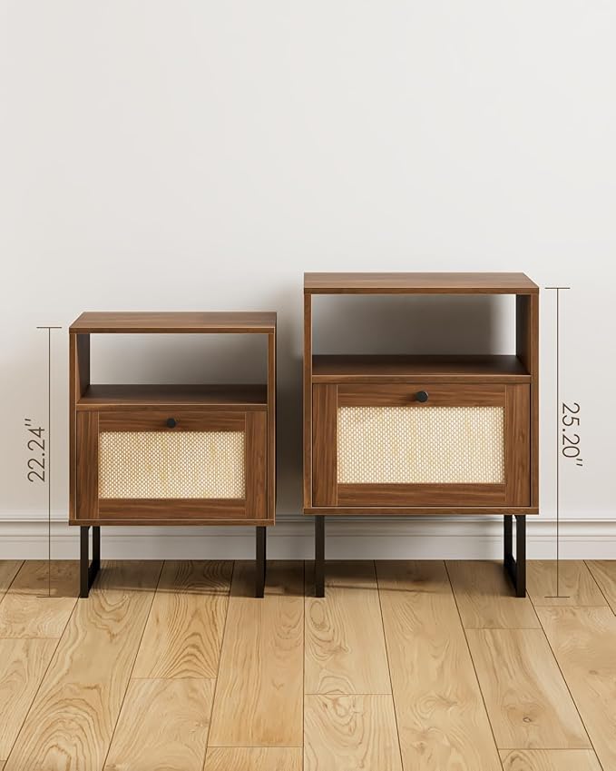 Rattan Nightstand, Mid Century Modern Night Stand,Boho Farmhouse Wood Bedside Table with Storage and Open Shelf, End Side Accent Table for Bedroom,Living Room,Walnut