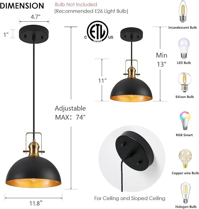 12 Inch Pendant Lights for Kitchen Island Matte Blacks Farmhouse Pendant Light fixtures Adjustable Height Dome Hanging Light for Dinning Room Bedroom Hallway,1 Pack
