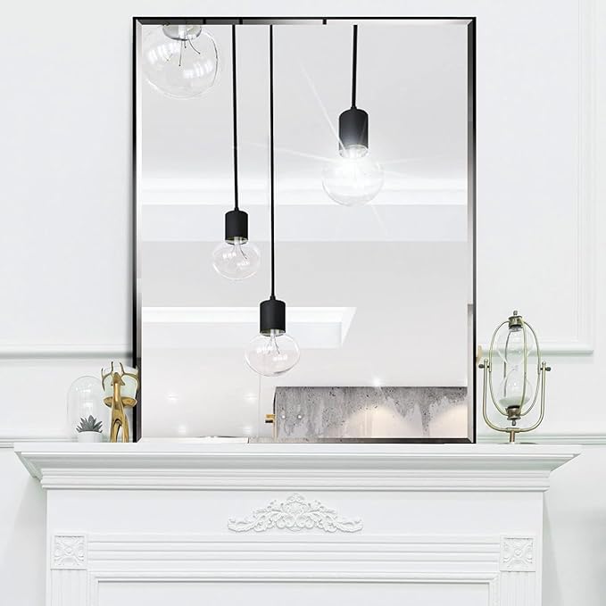 24x32 Inch Black Mirror with Beveled Trim, Aluminum Frame Bathroom Vanity Mirror, Modern Rectangular Wall Mounted Mirror