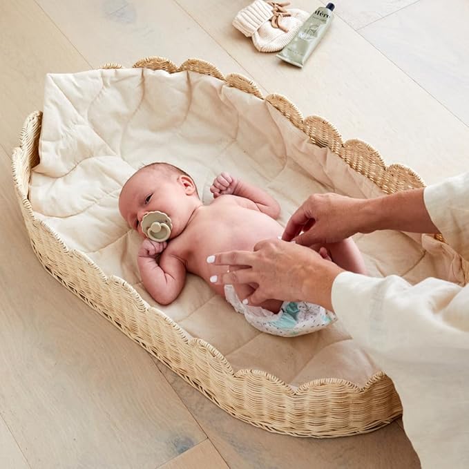 BEBE BASK Premium Baby Diaper Caddy Organizer - Handmade & Award-Winning Scalloped Rattan Basket - Luxury Diaper Caddy Basket - Elegant Scalloped Edge (Natural)