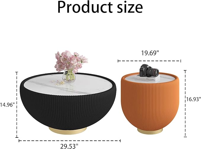 Round Coffee Table Set of 2, 2 Piece Luxury Cup Shape Leather End Tables Living Room Sets, Modern Circle Bedroom Side Tables Set of 2 with PU Leather Sofa Sets for Living Room Bedroom