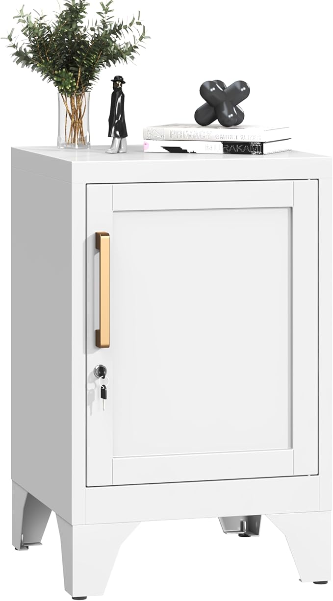 Metal NightStand Storage Cabinets with Lock and Adjustable Shelf,Metal Lockable End Table,Small Side Table,Bedside Table for Home, Office,Living Room,Garage, School(Assembly Required/White)