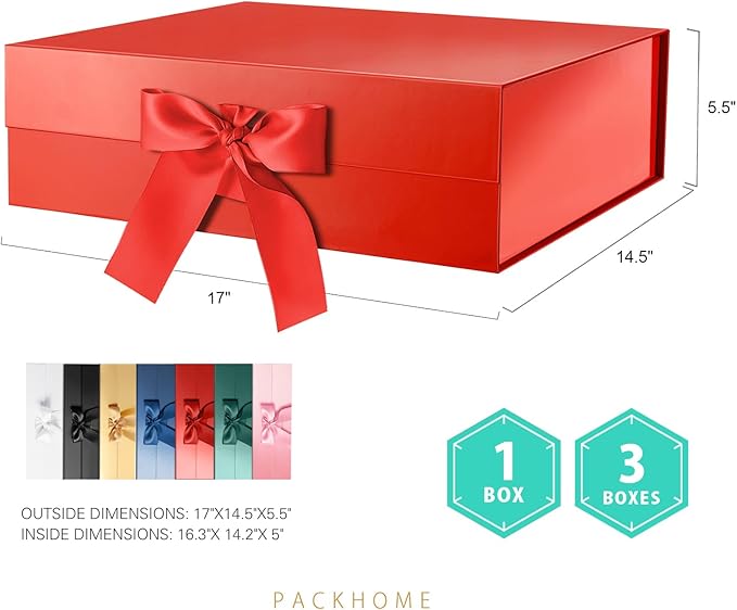 PACKHOME 17x14.5x5.5 Inches, Extra Large Gift Box with Lid, Magnetic Closure Boxes with Ribbon for Clothes and Large Gifts (Glossy Red)