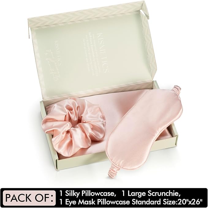 Vegan Silk Sleep Set, Vegan Silk Pillowcase with Large Scrunchie and Eye Mask for Hair and Skin, Self Care Essential Satin Night Routine Kit (Blush Color)