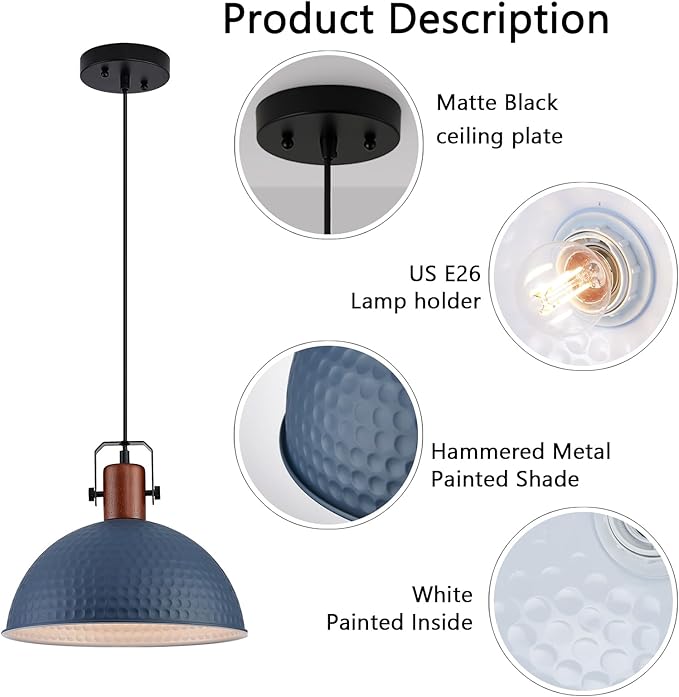 12 Inch Blue Pendant Lights Hammered Matte Pendant Lights for Kitchen Island Industrial Farmhouse Adjustable Height Dome Hanging Light Fixtures for Barn, Dining Room 2 Packs