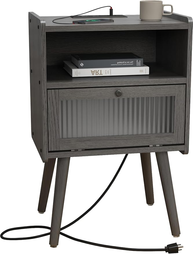 Mid Century Modern Nightstand with Charging Station, Bedside Tables with Glass Door, End Table Side Table with 2 Tiers Storage Space, for Bedroom, Living Room, Dark Grey