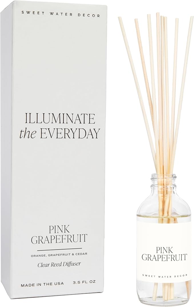 Sweet Water Decor Pink Grapefruit Clear Reed Diffuser – Room Decor Aesthetic with Long-Lasting Premium Fragrance of Grapefruit, Orange, Strawberry, Jasmine & Cedar for 4 Months – Ideal for Home Décor