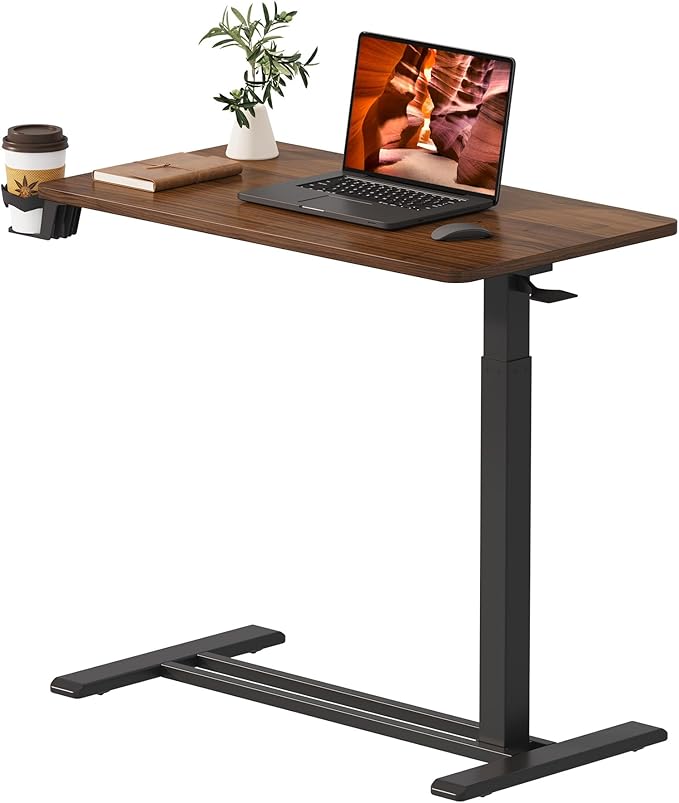 Medical Overbed Adjustable Bedside Table with Hidden Casters, Pneumatic Mobile Rolling Laptop Standing Desk with Tray for Home and Hospital Use, Mahogany, Large
