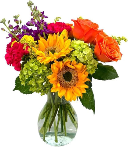 Sunnyside Celebration | Yellow, Orange Arrangement with Vase | Pre-Book Mother's Day Flowers by Arabella Bouquets | Real Fresh Flowers for Delivery, Gift for Birthday, Congratulations