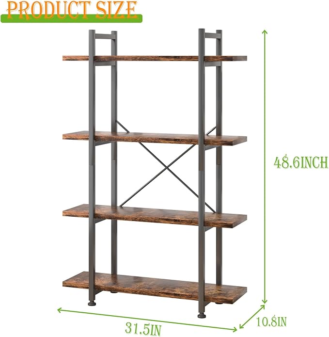 4 Tiers Bookshelf Rustic Brown Wooden Storage Shelf, Industrial Shelf Book Organizer,Modern Open Display Storage Bookcase,Metal Bookshelf Standing Tall Shelving Units for Home Office Study.