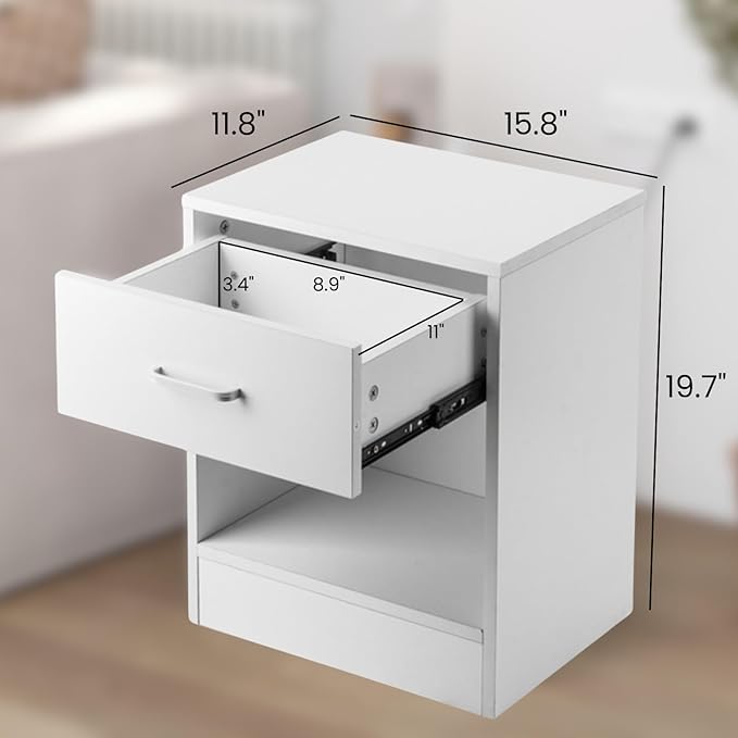 Karl home Nightstands Set of 2 with Drawer for Bedroom, Wood Night Stand Set 2 with Open Shelf, Modern Nightstand Bedside Tables Set of 2, End Table, White