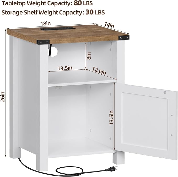 Antique White Nightstand Set of 2, 18 Inch Farmhouse Night Stand with Charger Station and USB Port, Modern Couch Side Table with Magnetic Door and Storage Shelf, Bedside Tables for Bedroom