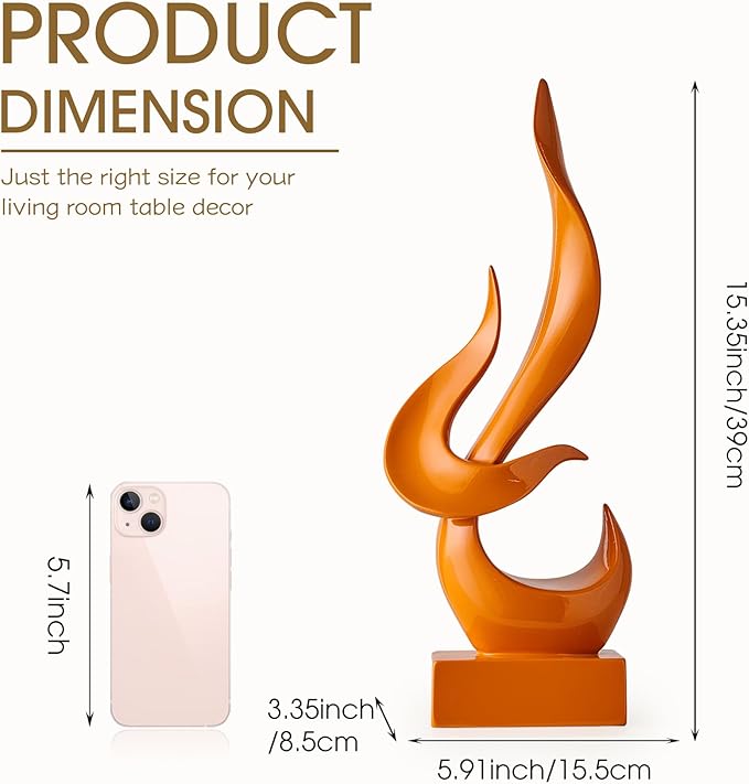 FJS Orange Decor Modern Flame Statue Decorations for Living Room, 15.3" H Resin Sculptures Home Décor Accents, Abstract Art Sculpture for Shelf Dining Room Office Coffee Table Centerpiece