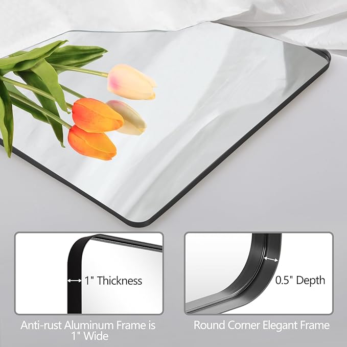 Mirrorons Black Bathroom Mirror 36 x 24 Inch, Black Wall Mirror, Matte Black Bathroom Vanity Mirror with Rounded Corner, Shatterproof (Horizontal/Vertical)