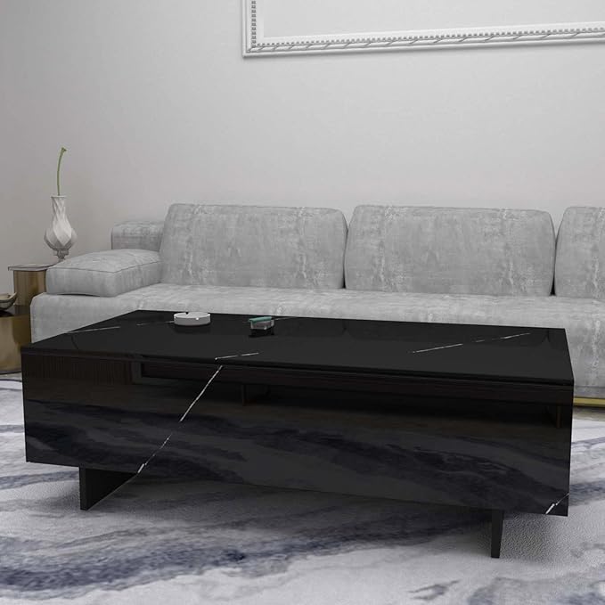 COSVALVE Marble Rectangle Coffee Tables for Living Room,Black Modern Side Table,Contemporary High Gloss Elegant Center Table for Waiting Area,41.3" Lx19.7 Wx13.8 H,Black