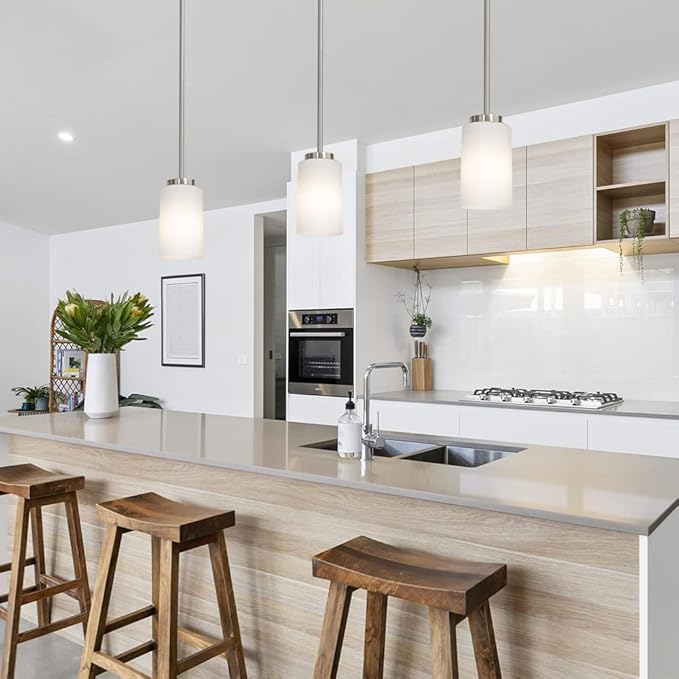 1-Light Farmhouse Chandelier Pendant Light Fixtures with Opal White Shades, Hanging Ceiling Pendant Lighting Brushed Nickel for Kitchen Dining Room Study