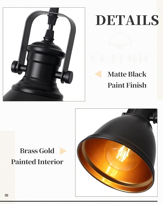 Black Pendant Lights Kitchen Island 3 Pack, Vintage Pendant Light, 6.5’’ Farmhouse Pendant Light Fixtures, Adjustable Height, Pendant Lighting for Dining Room, Living Room, Sink, Bar