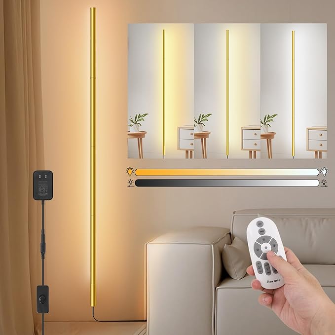 58.2" inch Gold Corner Lamp, Plug in Corner Light with Remote, Minimalist Modern Long Wall Light, Dimmable Living Room Wall Lights, Space-Saving LED CornerLamp for Living Room, 1 Pack