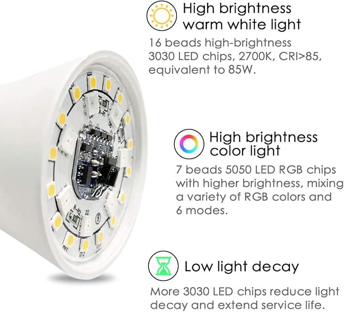 LED Light Bulb 85W Equivalent, RGB Color Changing Light Bulb, 6 Moods - Memory - Sync - Dimmable, A19 E26 Screw Base, Timing Remote Control Included (Pack of 2)