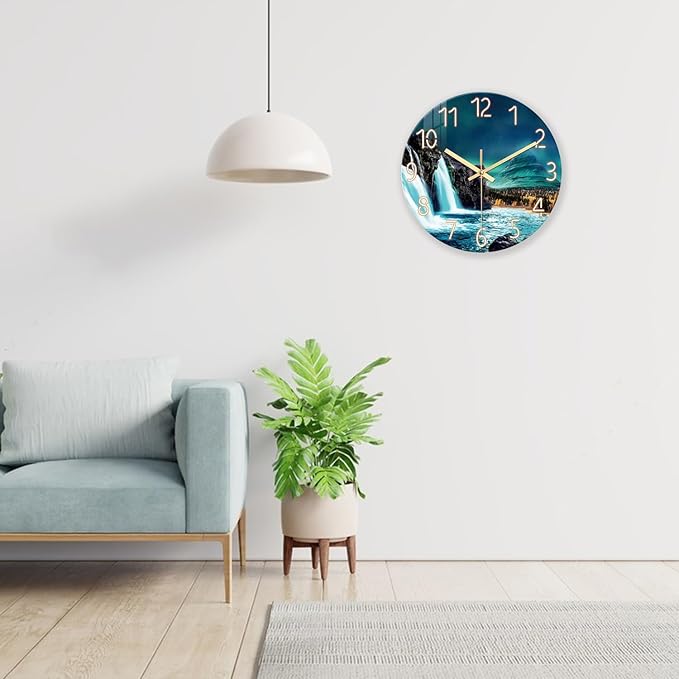 XNM 14 Inch Glass Kitchen Clocks Wall Battery Operated Teal Wall Clock Decorative Natural Landscape Quiet Clock Analog