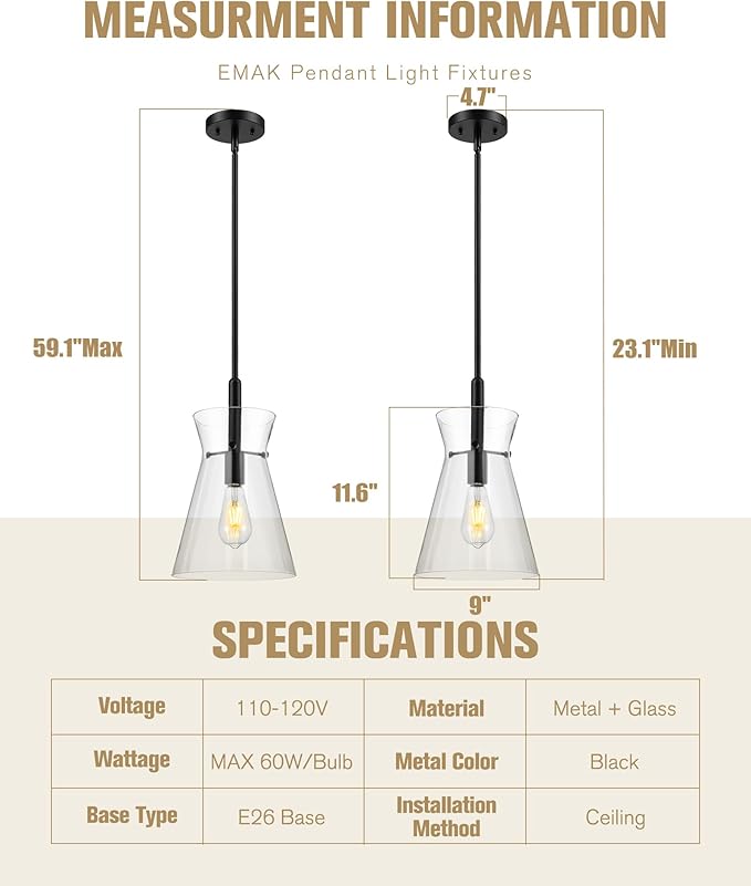 Emak 9 Inch Black Pendant Light, 2 Pack Large Pendant Lights Kitchen Island with Clear Glass Shade, Modern Farmhouse Hanging Light Fixture for Kitchen, Dining Room, Bathroom, PL130-BK-CG-2PK