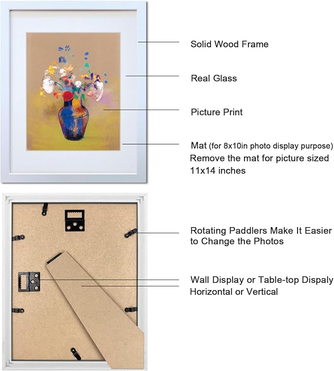 11x14 Picture Frame Set of 2 Made of Solid Wood Photo Frames with Real Glass for Pictures 8x10 with Mat or 11x14 Without Mat, Wall Mounting or Tabletop display Photo Frames in White